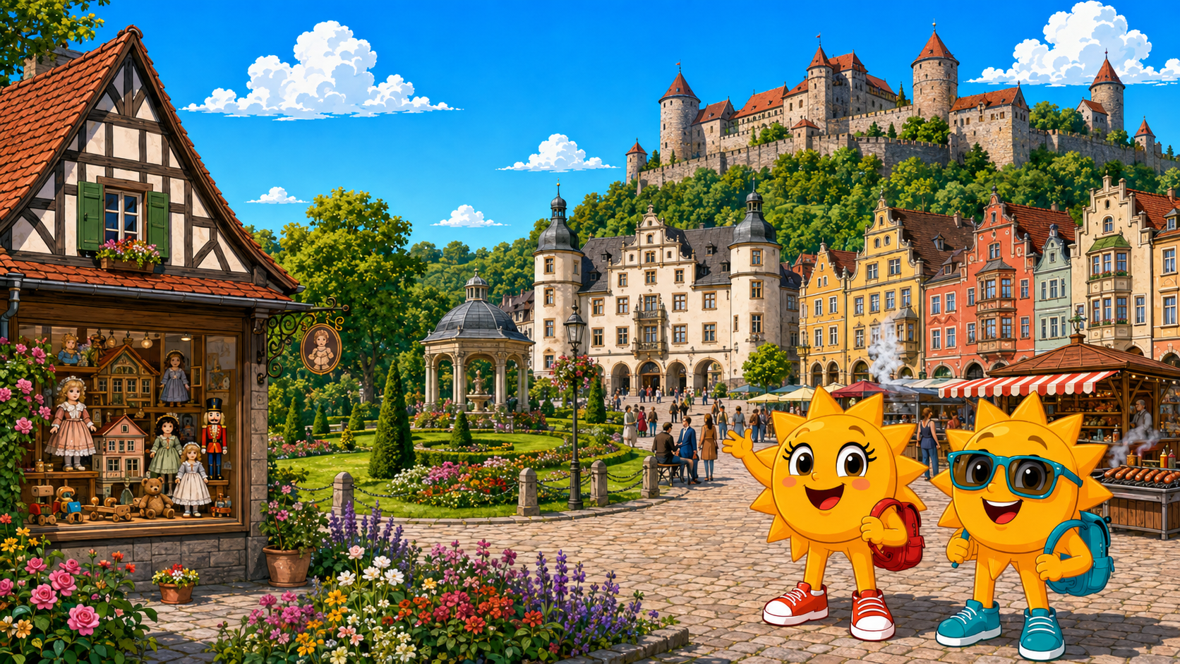 Gezeichnete Urlaubsszene aus Coburg mit den Maskottchen Sunny und Ray