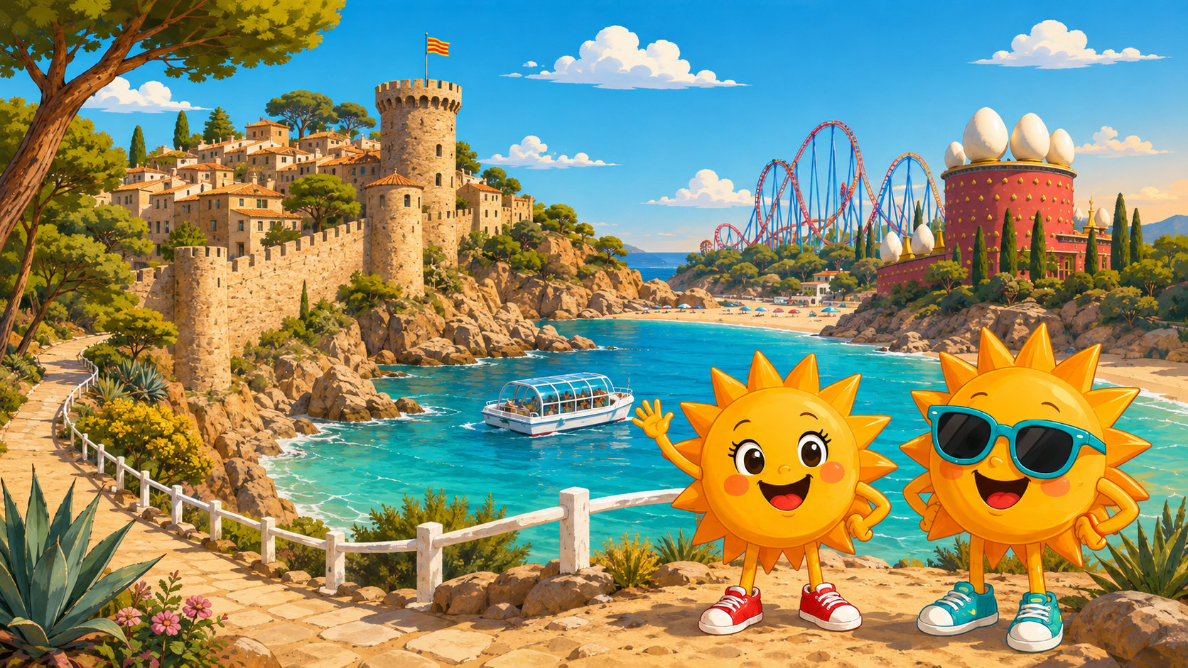 Gezeichnete Urlaubsszene aus Costa Brava mit den Maskottchen Sunny und Ray