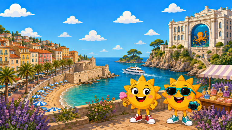 Gezeichnete Urlaubsszene aus Côte d'Azur mit den Maskottchen Sunny und Ray