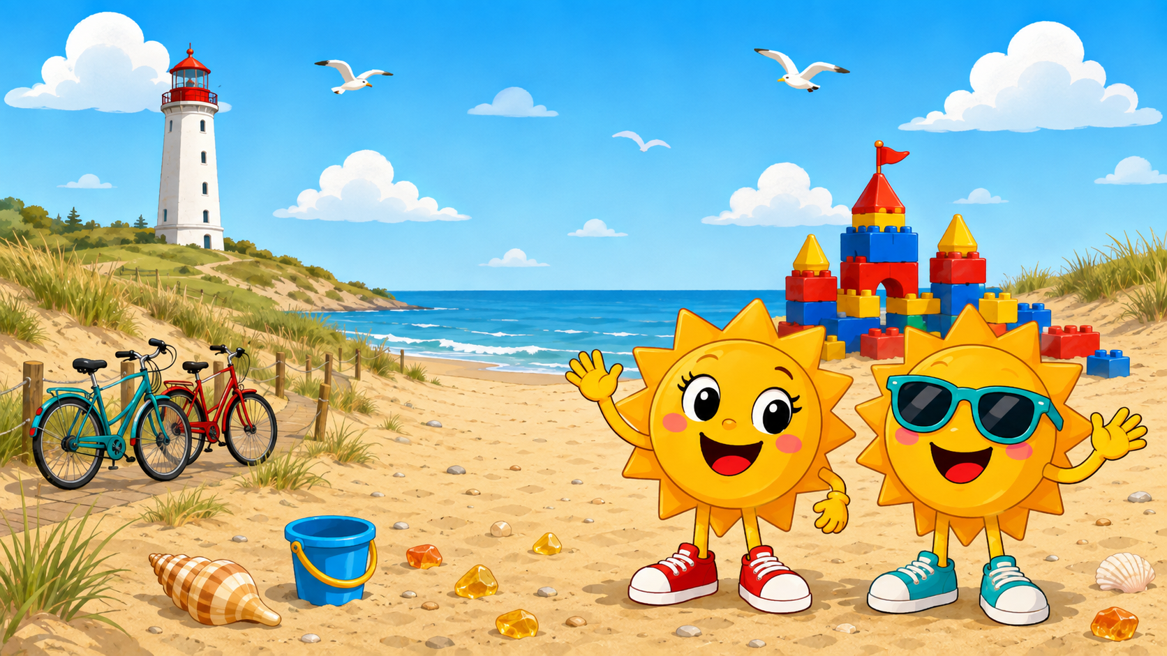 Gezeichnete Urlaubsszene aus Dänische Nordseeküste mit den Maskottchen Sunny und Ray