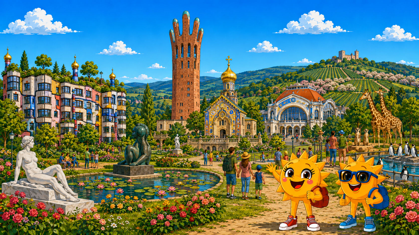 Gezeichnete Urlaubsszene aus Darmstadt mit den Maskottchen Sunny und Ray