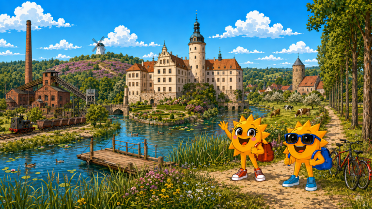 Gezeichnete Urlaubsszene aus Elbe-Elster-Land mit den Maskottchen Sunny und Ray