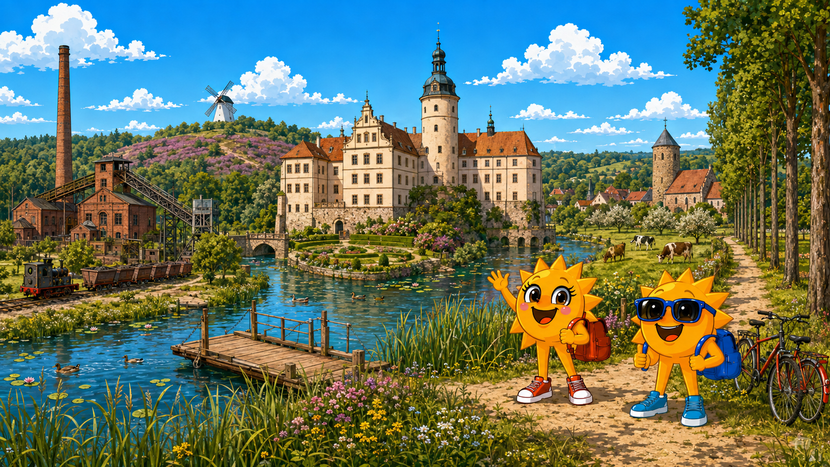 Gezeichnete Urlaubsszene aus Elbe-Elster-Land mit den Maskottchen Sunny und Ray