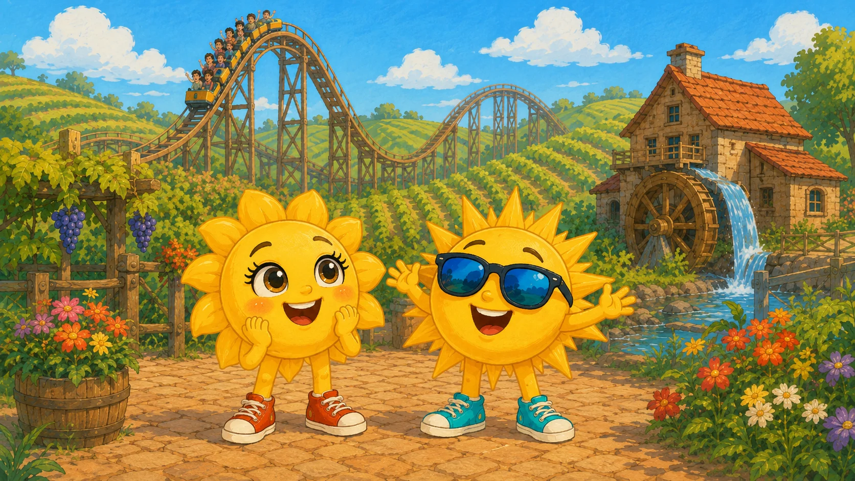 Sunny und Ray zwischen den Weinbergen im Erlebnispark Tripsdrill, dahinter eine Holzachterbahn und eine alte Wassermühle