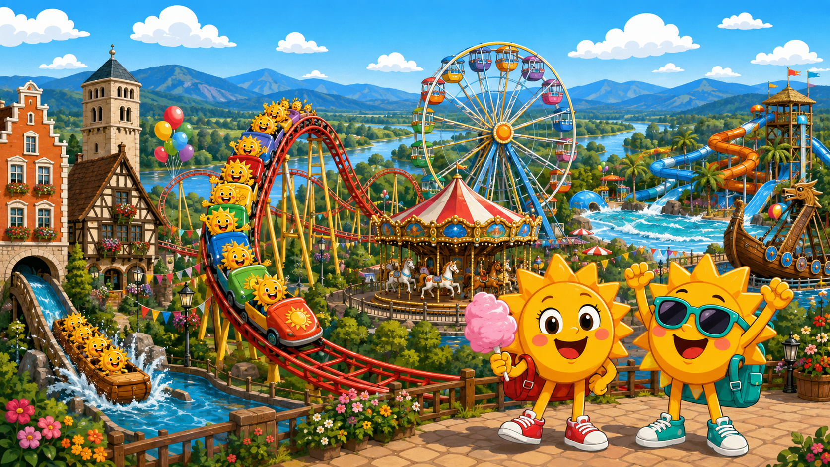 Gezeichnete Urlaubsszene im Europa-Park Resort mit den Maskottchen Sunny und Ray