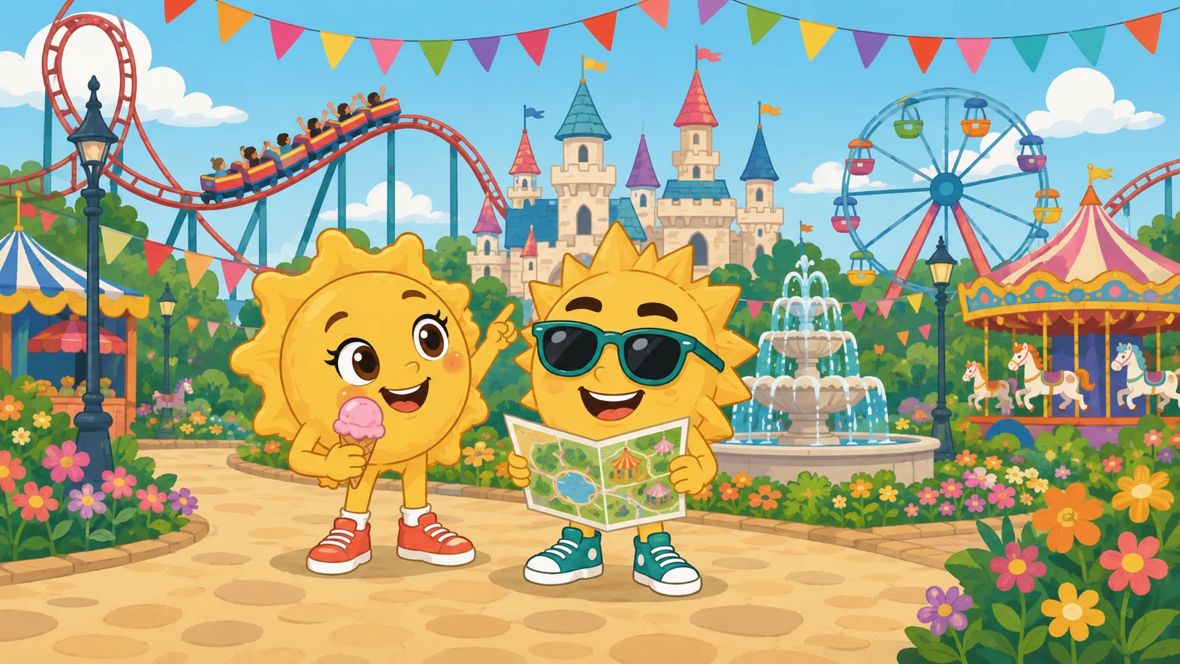 Sunny mit einem Eis und Ray mit dem Parkplan vor dem Märchenschloss im Europa-Park, dahinter Achterbahnen und ein Springbrunnen