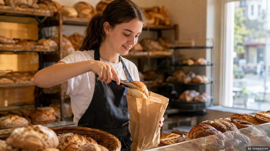 Jugendliche Ferienjobberin packt in einer Bäckerei Brötchen in eine Papiertüte