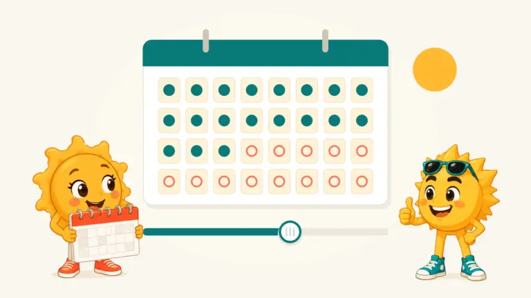 Gezeichneter Wandkalender mit 32 Ferientagen: gut die Hälfte ist türkis abgehakt, der Rest bleibt als offener Kreis. Darunter ein Schieberegler an derselben Stelle, daneben Sunny mit einem Kalenderblatt und Ray mit erhobenem Daumen.