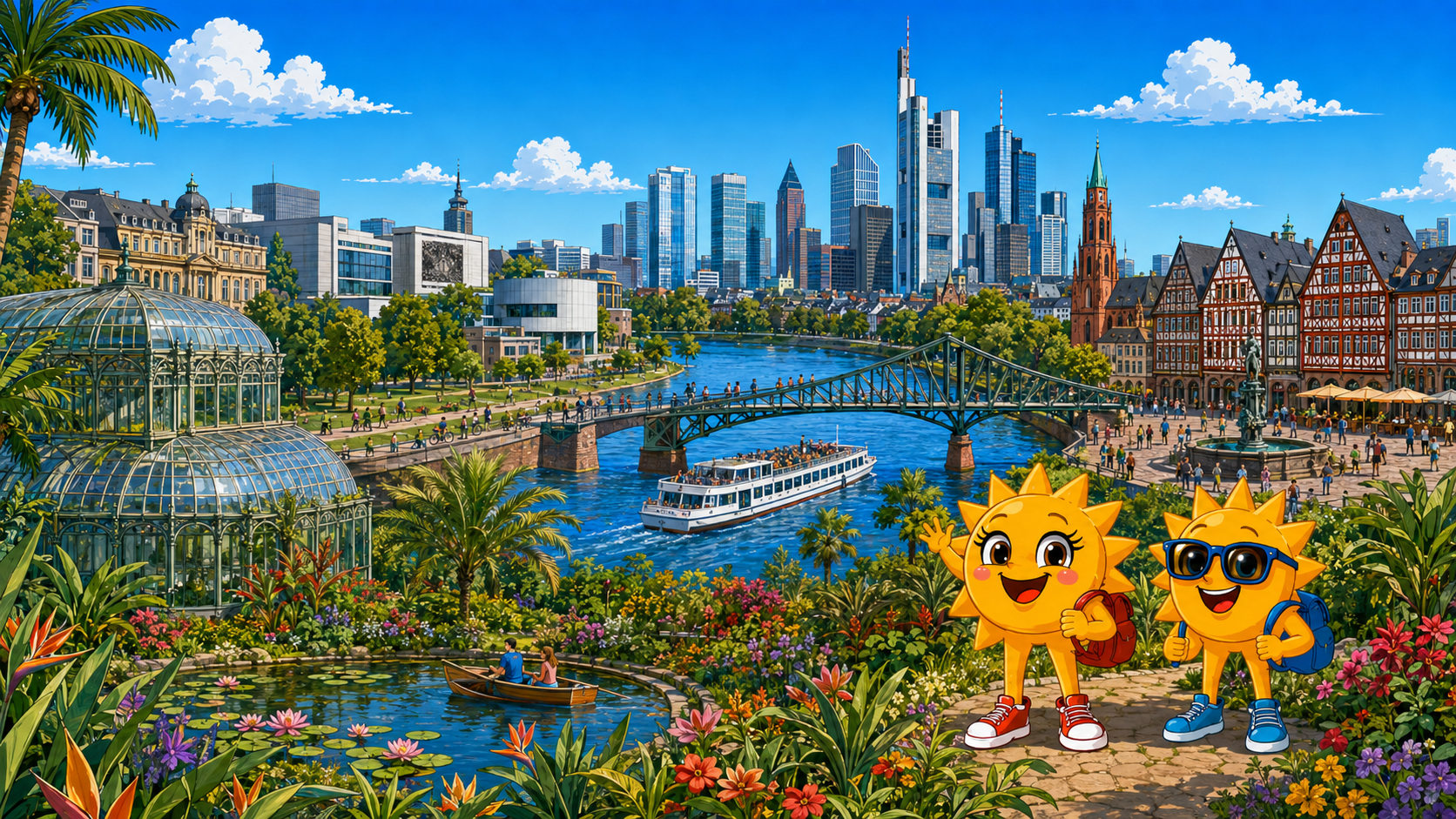 Gezeichnete Urlaubsszene aus Frankfurt am Main mit den Maskottchen Sunny und Ray