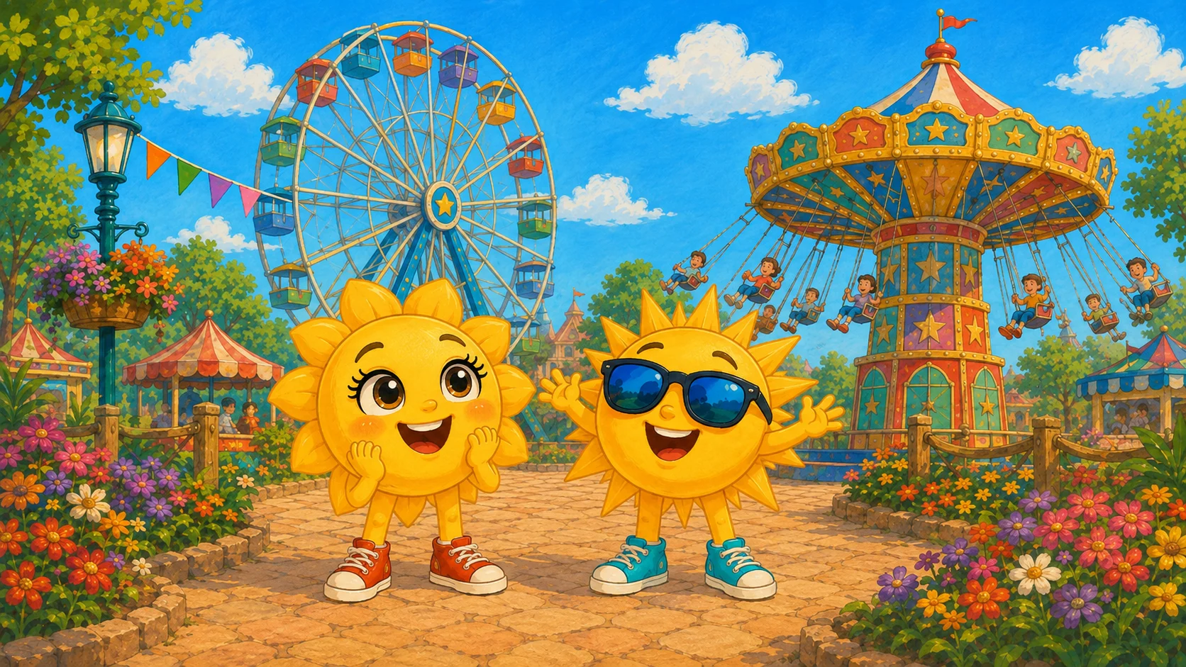 Sunny und Ray im Freizeit-Land Geiselwind zwischen Riesenrad und buntem Kettenkarussell