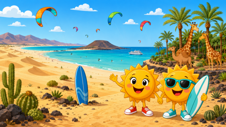 Gezeichnete Urlaubsszene aus Fuerteventura mit den Maskottchen Sunny und Ray