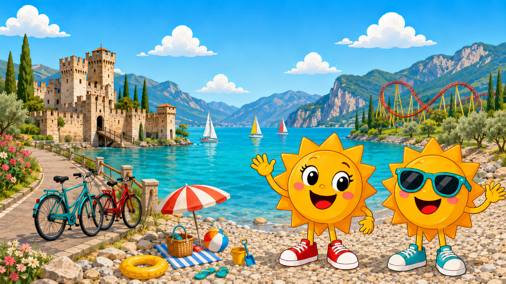 Gezeichnete Urlaubsszene aus Gardasee mit den Maskottchen Sunny und Ray