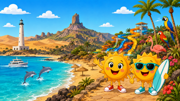 Gezeichnete Urlaubsszene aus Gran Canaria mit den Maskottchen Sunny und Ray