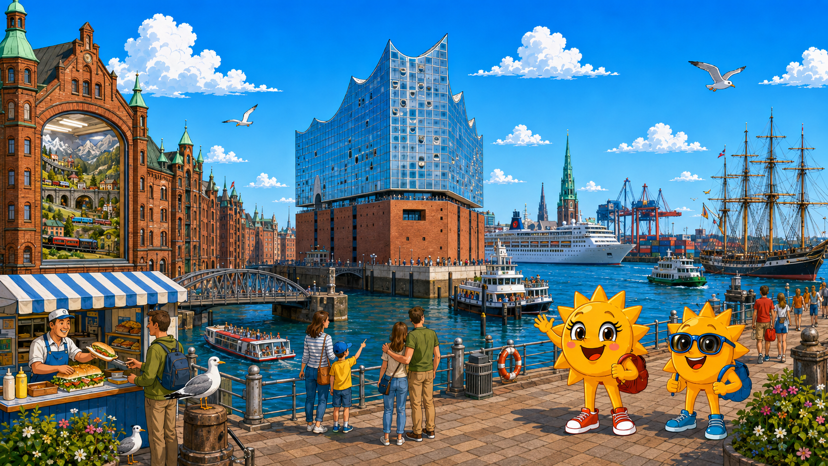 Gezeichnete Urlaubsszene aus Hamburg mit den Maskottchen Sunny und Ray