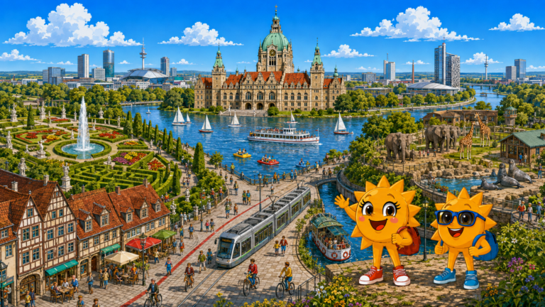 Gezeichnete Urlaubsszene aus Hannover mit den Maskottchen Sunny und Ray