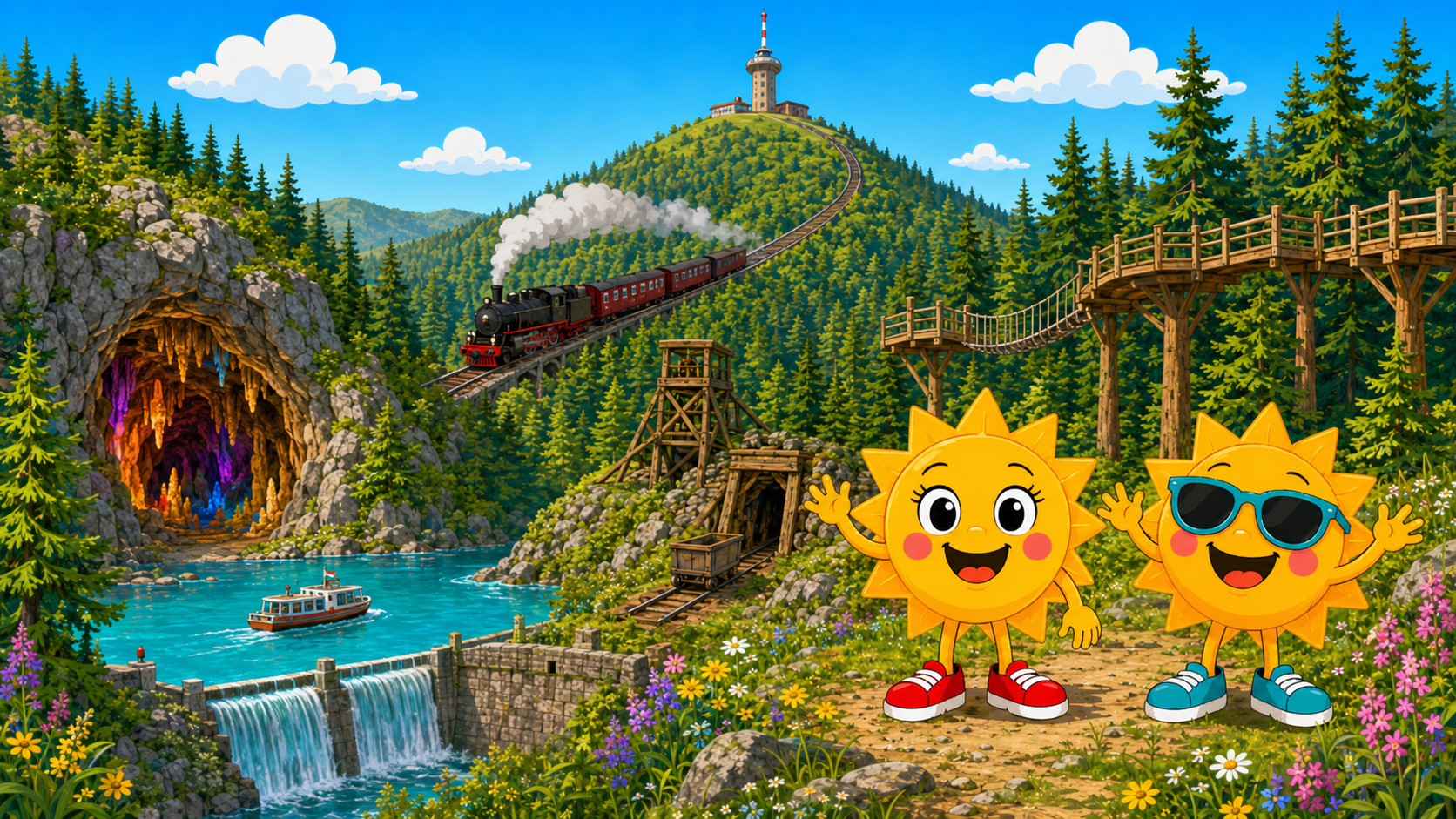 Gezeichnete Urlaubsszene aus Harz mit den Maskottchen Sunny und Ray