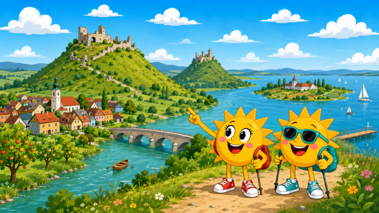 Gezeichnete Urlaubsszene aus Hegau und westlicher Bodensee mit den Maskottchen Sunny und Ray