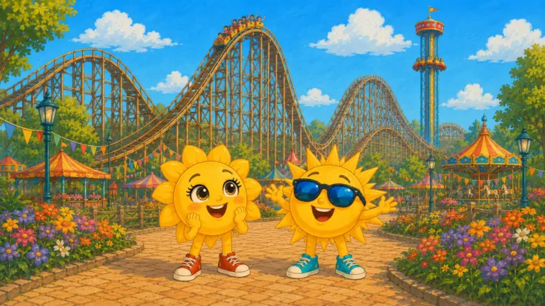 Sunny und Ray vor den Holzachterbahnen und dem Aussichtsturm im Heide-Park Resort Soltau