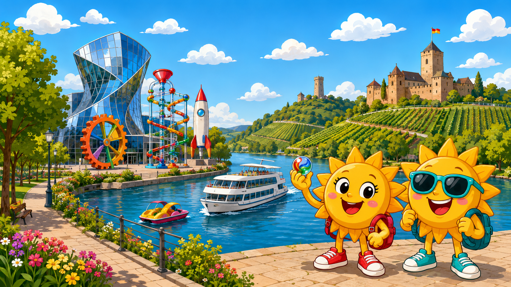 Gezeichnete Urlaubsszene aus Heilbronn und Neckarland mit den Maskottchen Sunny und Ray