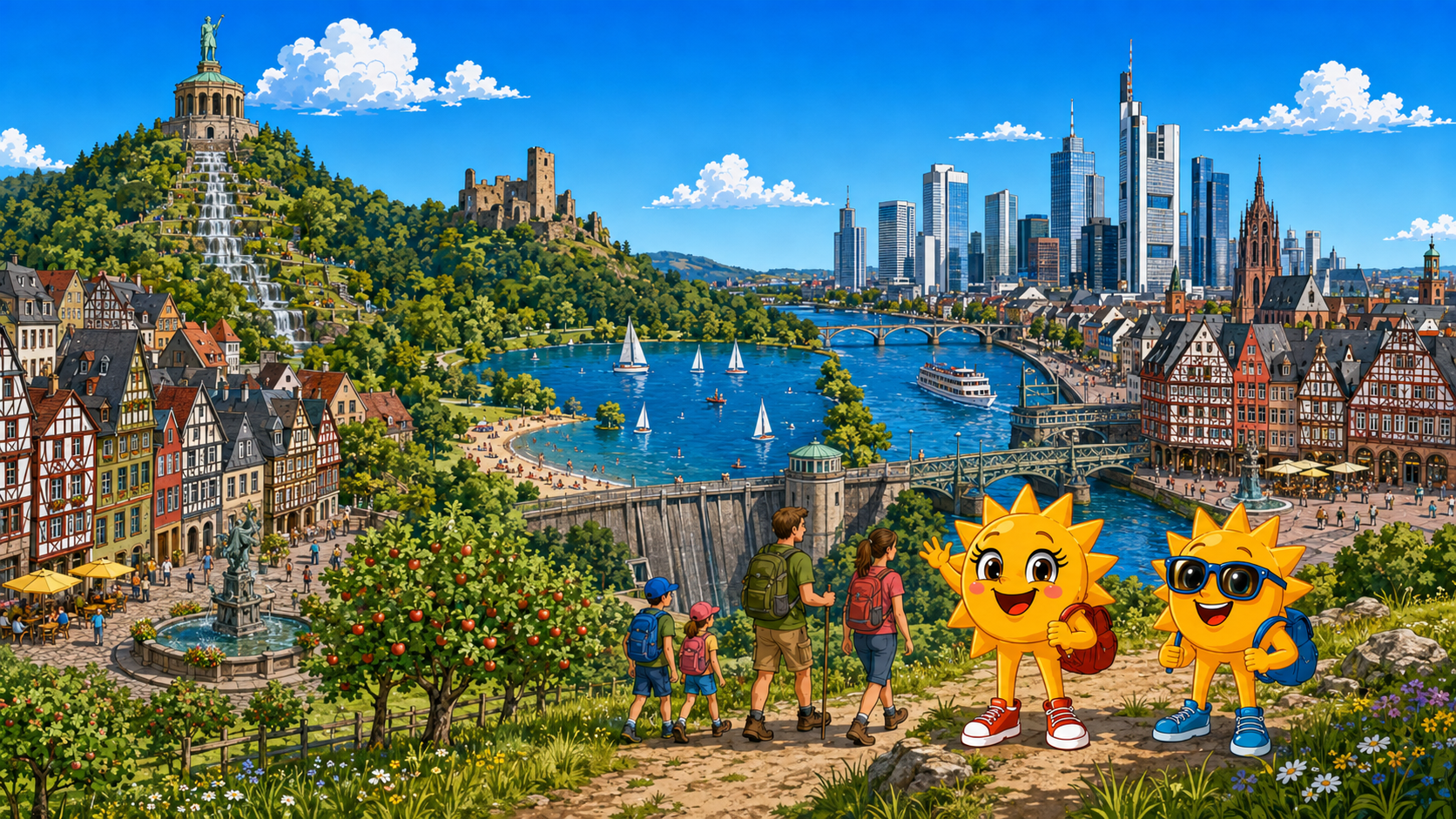 Gezeichnete Urlaubsszene aus Hessen mit den Maskottchen Sunny und Ray