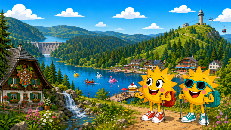 Gezeichnete Urlaubsszene aus Hochschwarzwald mit den Maskottchen Sunny und Ray