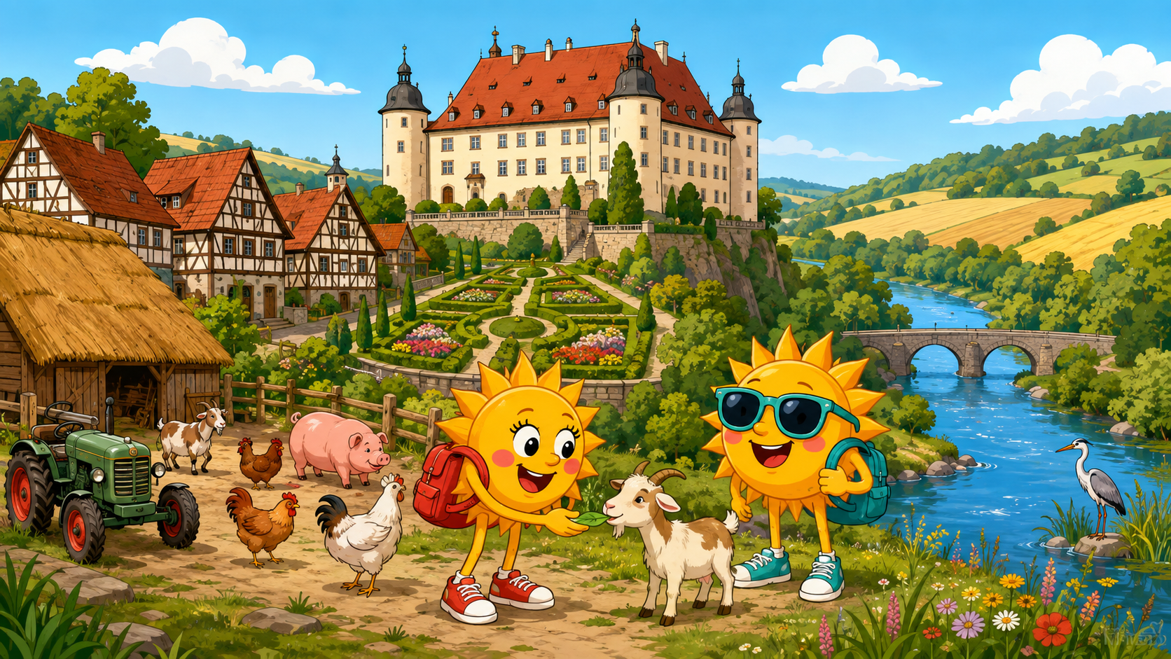 Gezeichnete Urlaubsszene aus Hohenlohe mit den Maskottchen Sunny und Ray