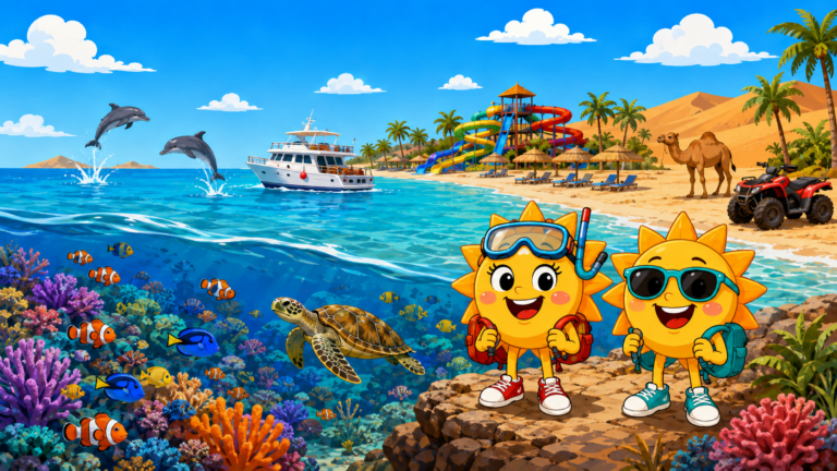 Gezeichnete Urlaubsszene aus Hurghada und Rotes Meer mit den Maskottchen Sunny und Ray