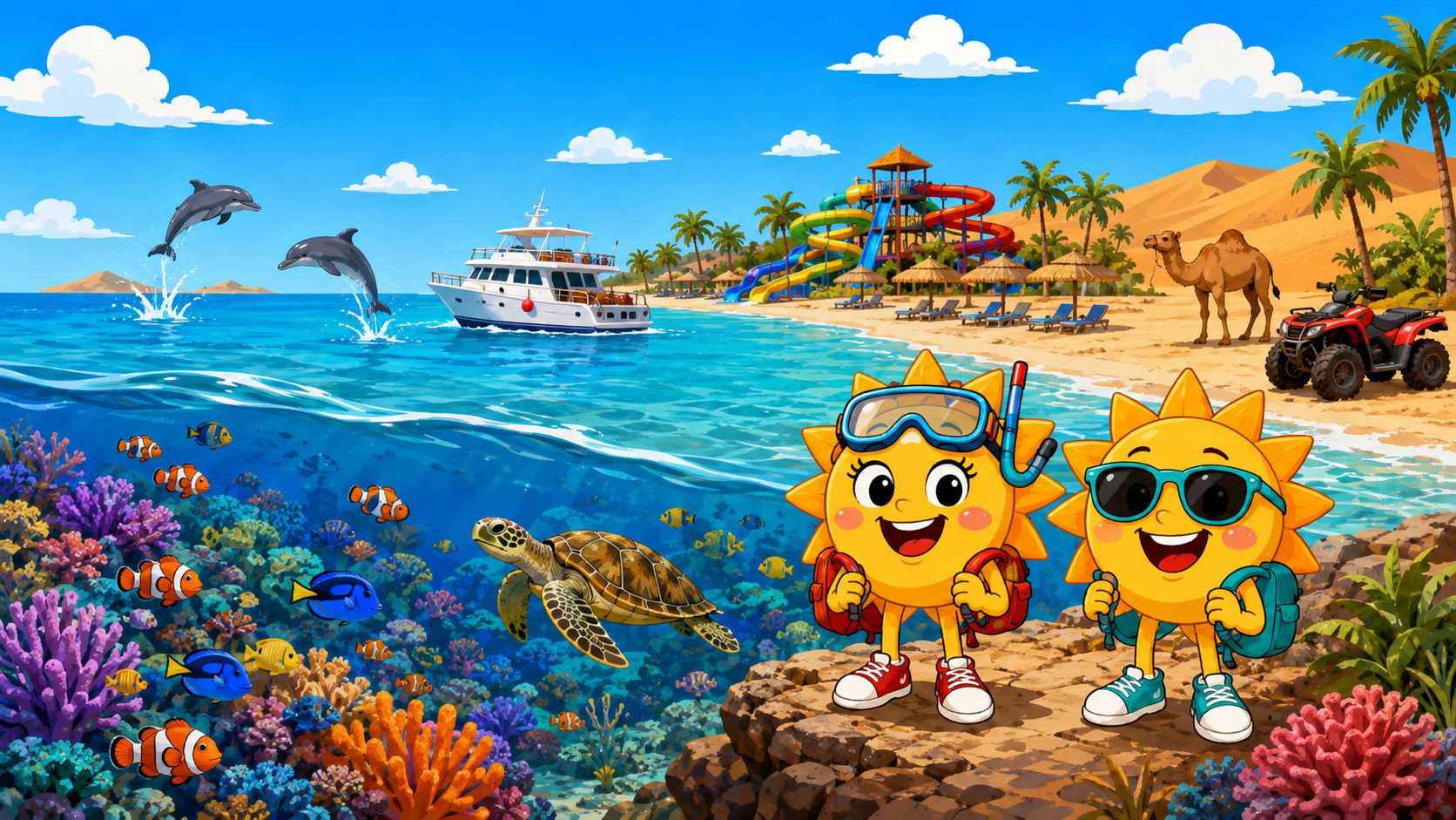Gezeichnete Urlaubsszene aus Hurghada und Rotes Meer mit den Maskottchen Sunny und Ray