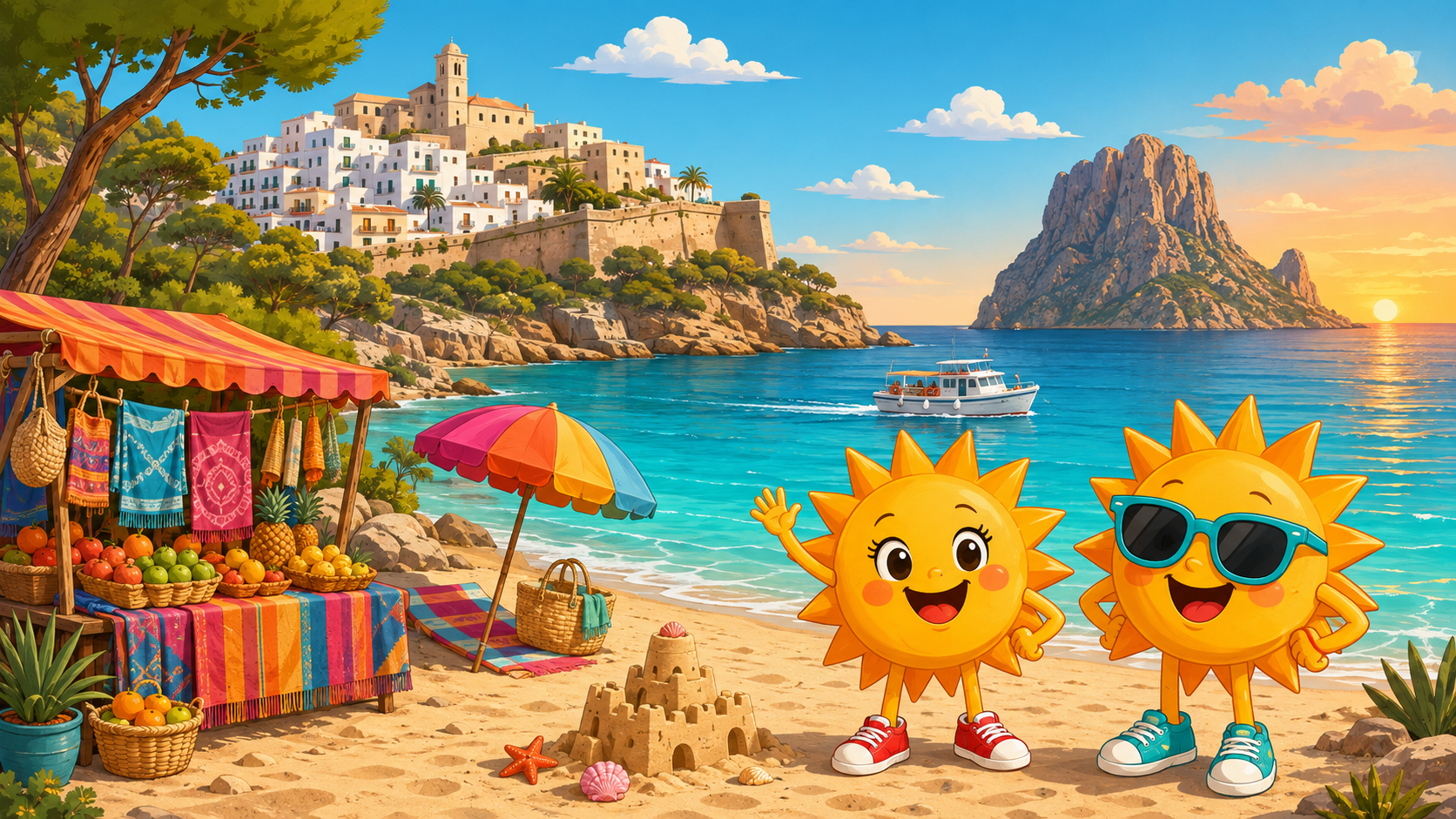 Gezeichnete Urlaubsszene aus Ibiza mit den Maskottchen Sunny und Ray