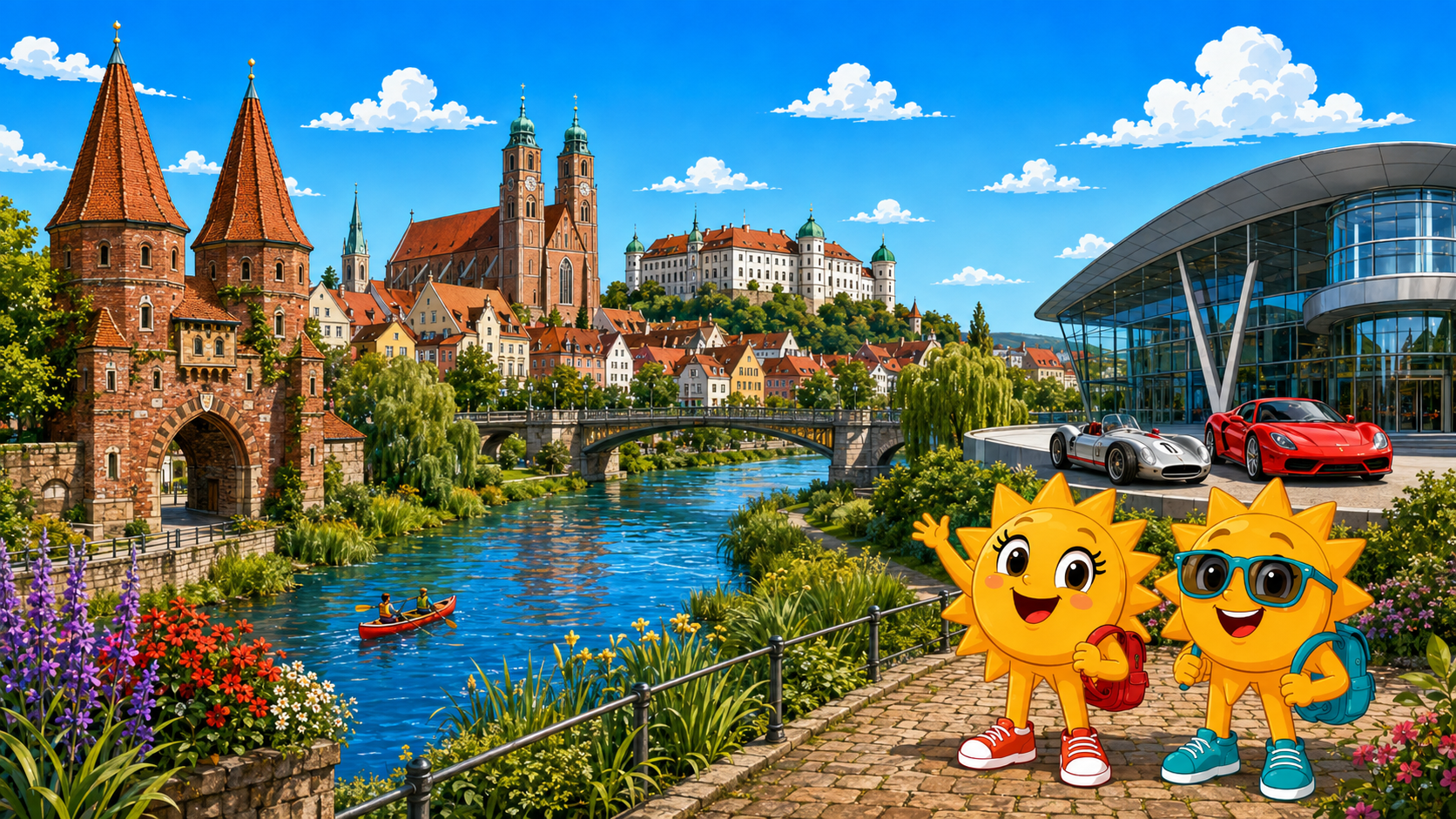 Gezeichnete Urlaubsszene aus Ingolstadt mit den Maskottchen Sunny und Ray