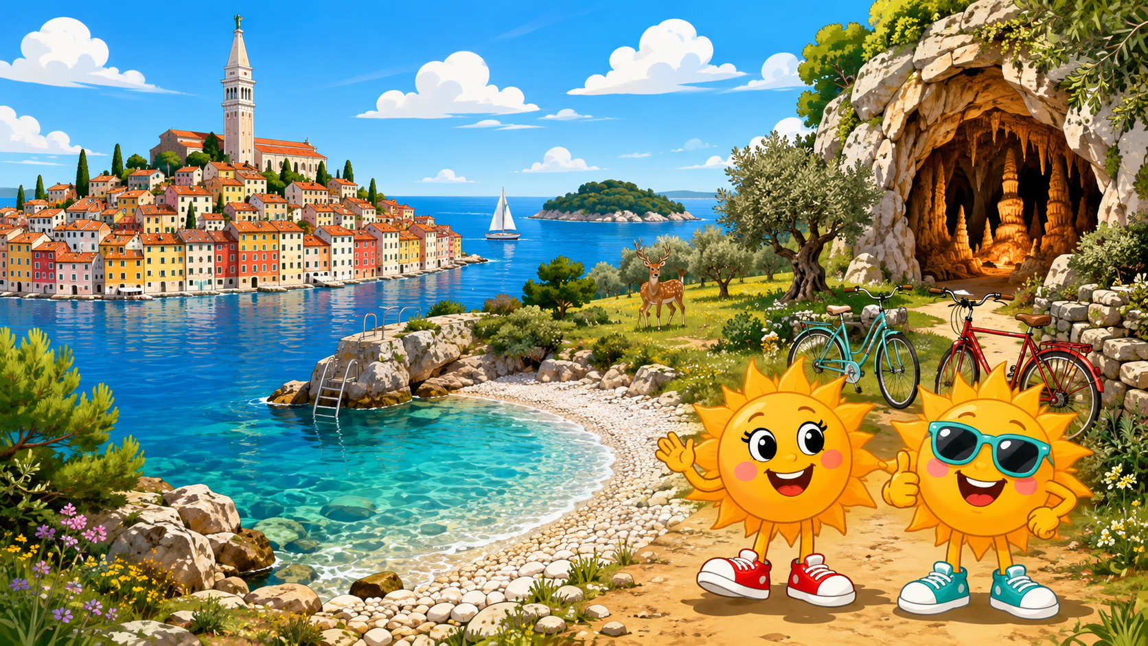 Gezeichnete Urlaubsszene aus Istrien mit den Maskottchen Sunny und Ray