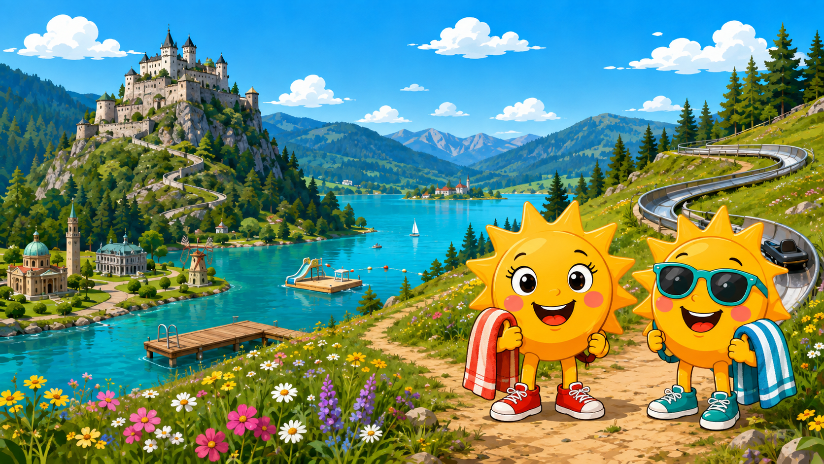Gezeichnete Urlaubsszene aus Kärnten mit den Maskottchen Sunny und Ray