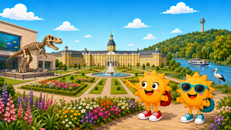 Gezeichnete Urlaubsszene aus Karlsruhe mit den Maskottchen Sunny und Ray