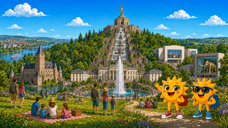 Gezeichnete Urlaubsszene aus Kassel mit den Maskottchen Sunny und Ray