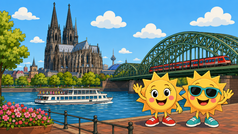 Sunny und Ray am Rhein in Köln mit Kölner Dom, Hohenzollernbrücke und Ausflugsschiff