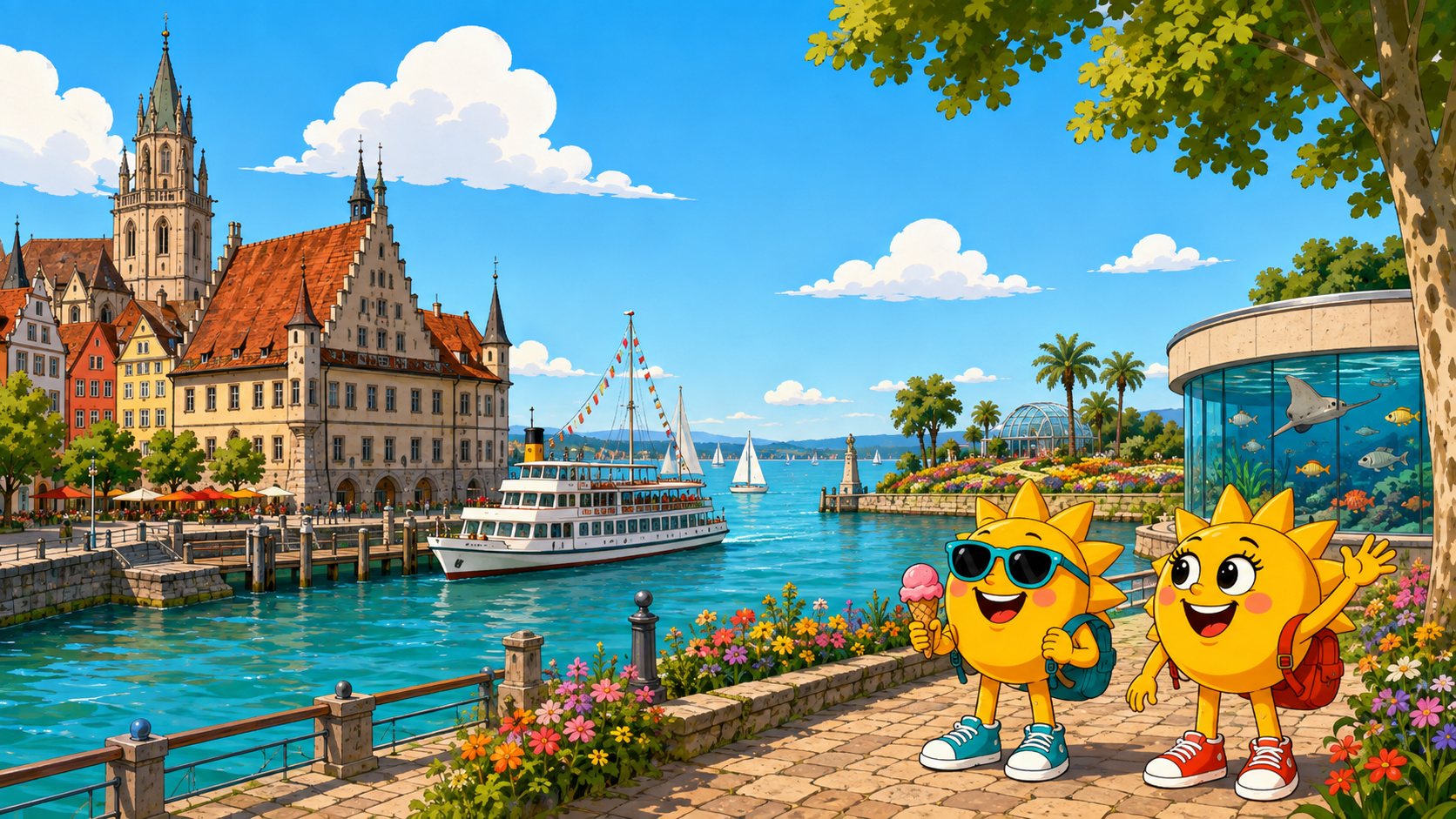 Gezeichnete Urlaubsszene aus Konstanz mit den Maskottchen Sunny und Ray