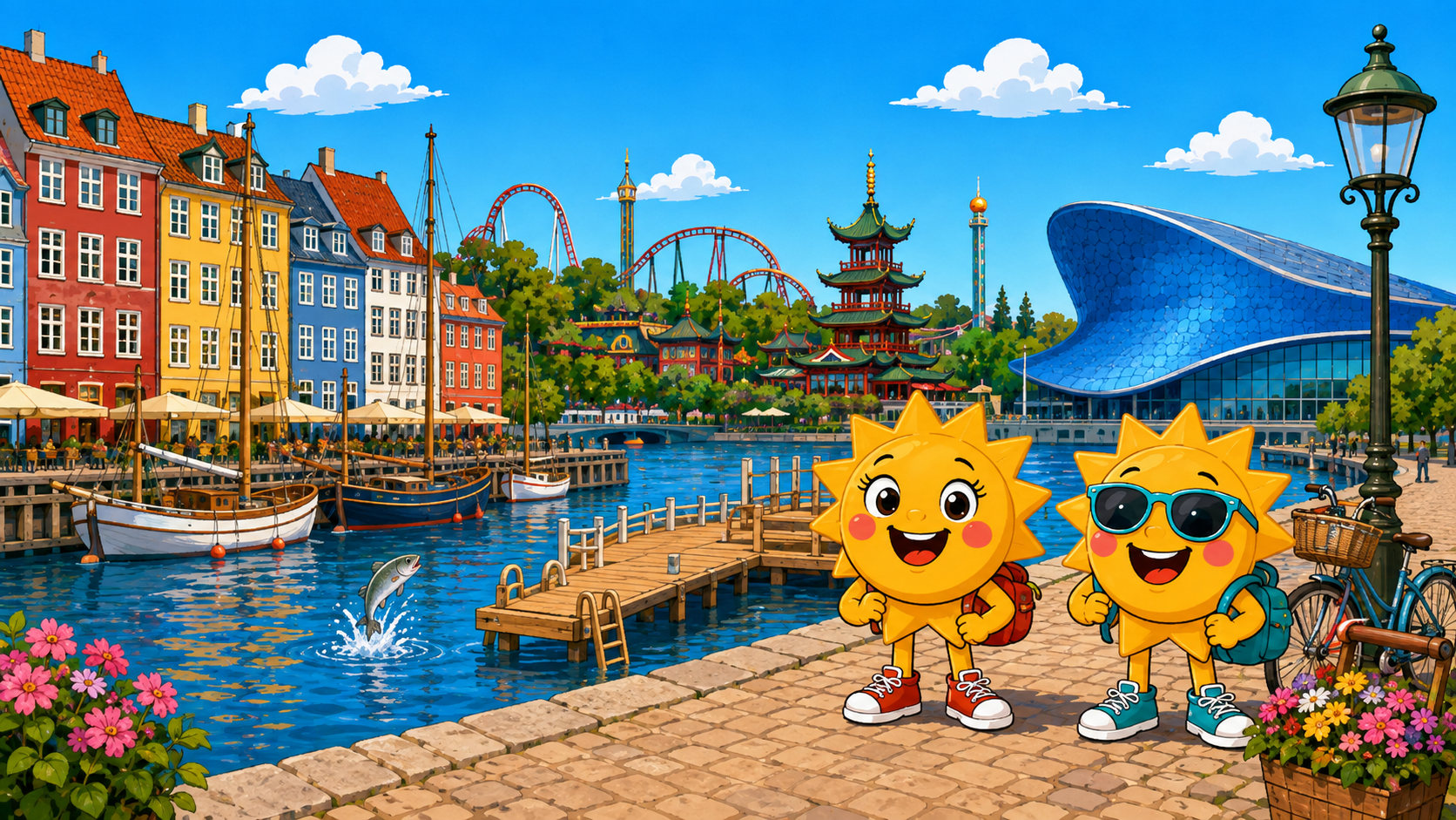 Gezeichnete Urlaubsszene aus Kopenhagen mit den Maskottchen Sunny und Ray