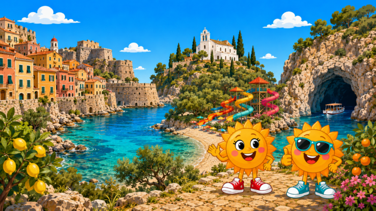 Gezeichnete Urlaubsszene aus Korfu mit den Maskottchen Sunny und Ray