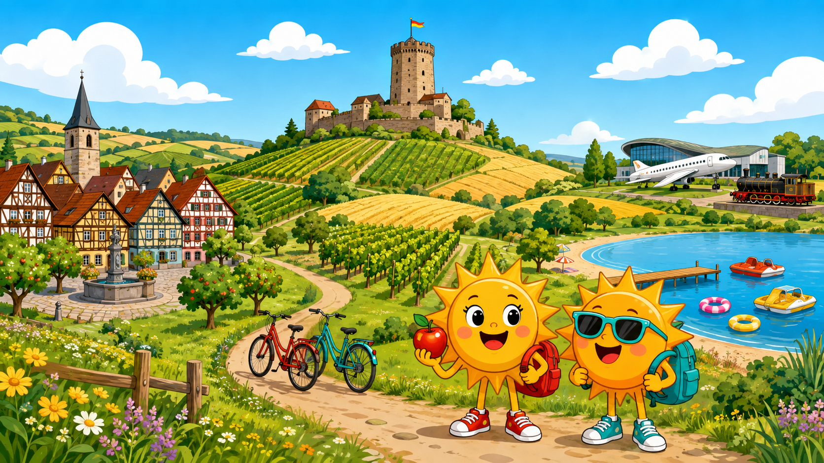 Gezeichnete Urlaubsszene aus Kraichgau-Stromberg mit den Maskottchen Sunny und Ray