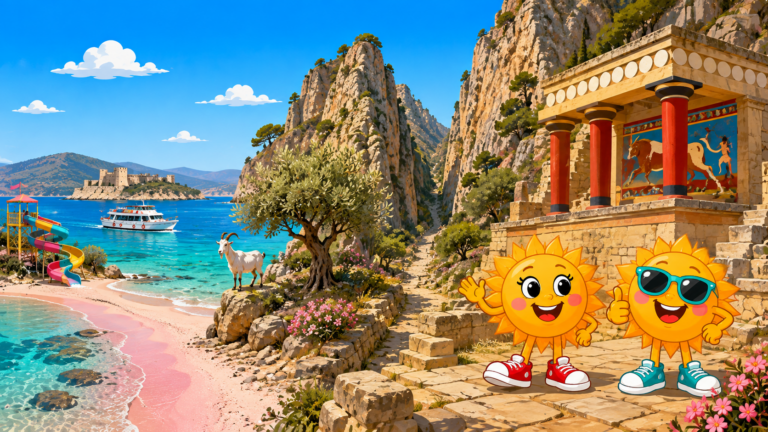 Gezeichnete Urlaubsszene aus Kreta mit den Maskottchen Sunny und Ray