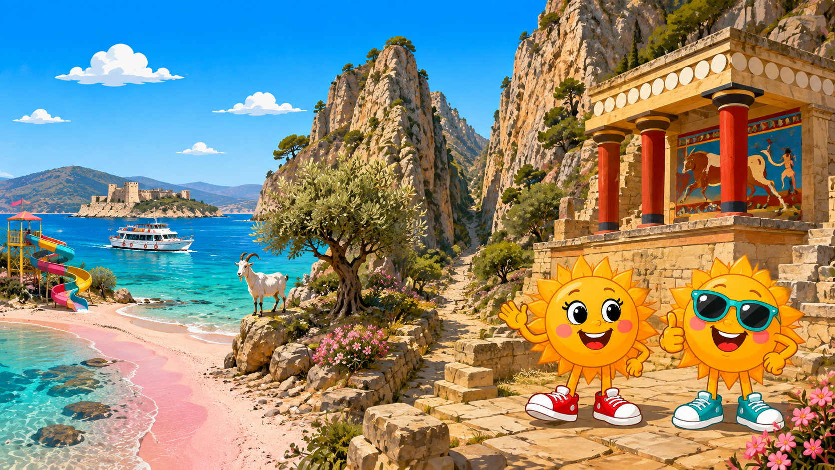 Gezeichnete Urlaubsszene aus Kreta mit den Maskottchen Sunny und Ray