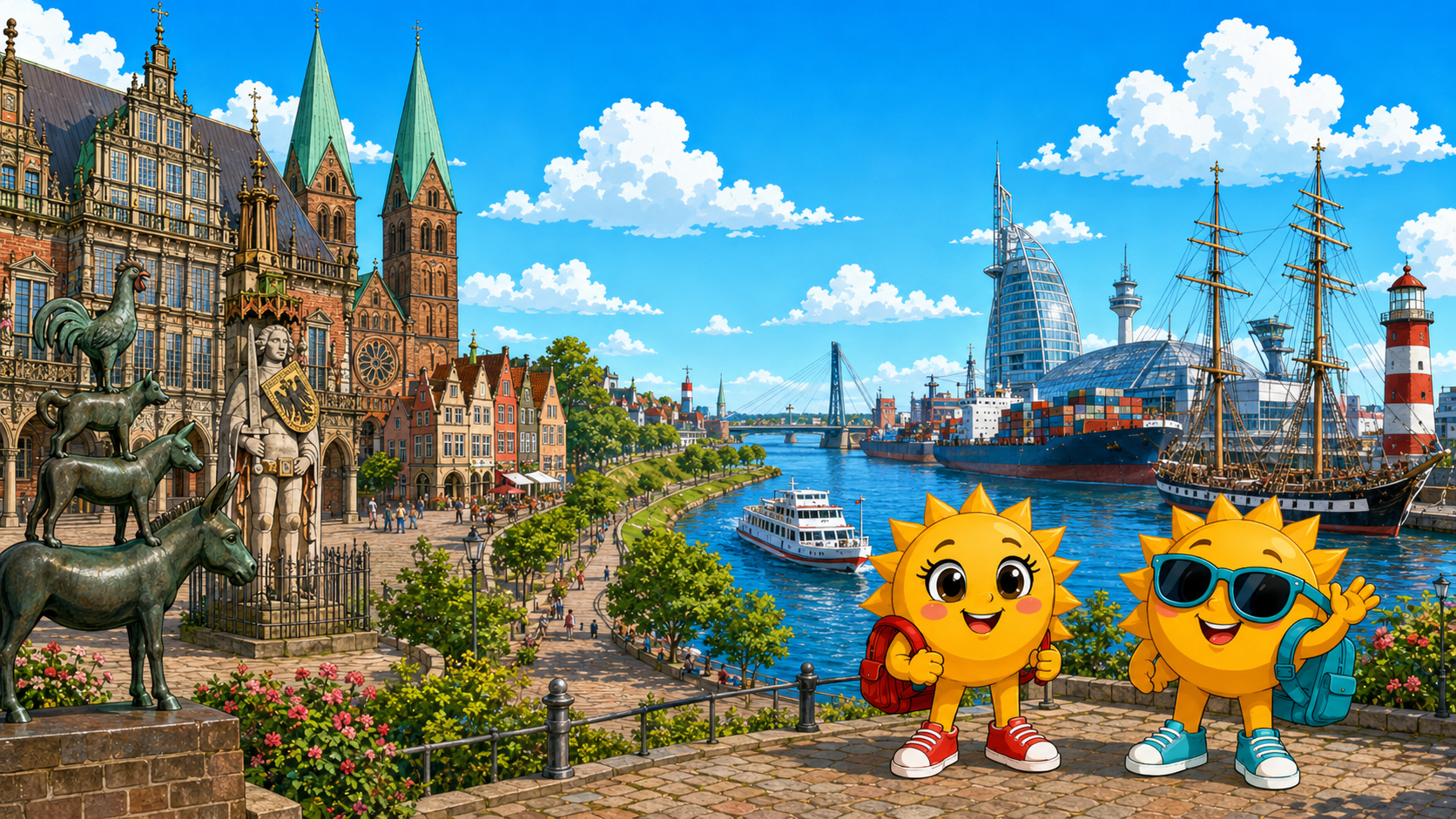 Gezeichnete Urlaubsszene aus Land Bremen mit den Maskottchen Sunny und Ray