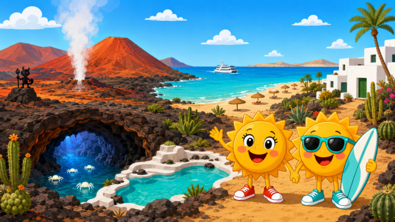 Gezeichnete Urlaubsszene aus Lanzarote mit den Maskottchen Sunny und Ray