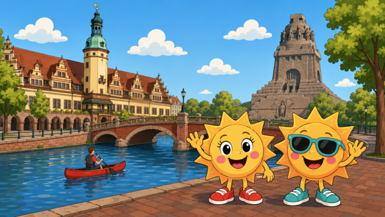 Sunny und Ray am Karl-Heine-Kanal in Leipzig mit Altem Rathaus, Völkerschlachtdenkmal und Kanu
