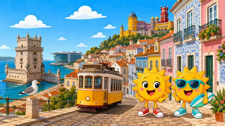 Gezeichnete Urlaubsszene aus Lissabon mit den Maskottchen Sunny und Ray