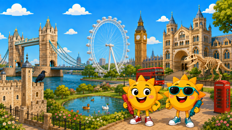 Gezeichnete Urlaubsszene aus London mit den Maskottchen Sunny und Ray
