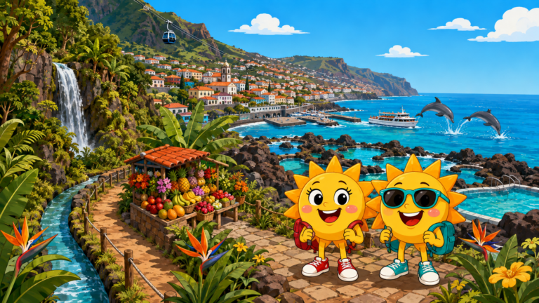 Gezeichnete Urlaubsszene aus Madeira mit den Maskottchen Sunny und Ray