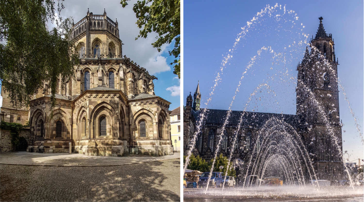 Magdeburger Dom: links der Chor von der Rückseite, rechts der Turm hinter den Wasserspielen auf dem Domplatz