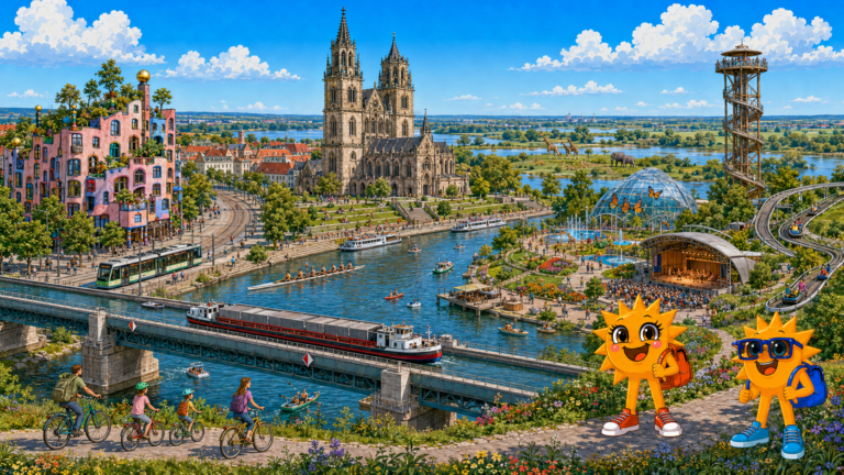 Gezeichnete Urlaubsszene aus Magdeburg mit den Maskottchen Sunny und Ray