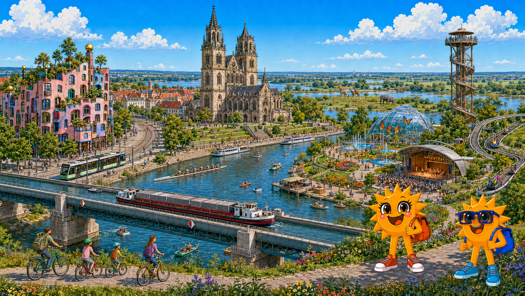 Gezeichnete Urlaubsszene aus Magdeburg mit den Maskottchen Sunny und Ray